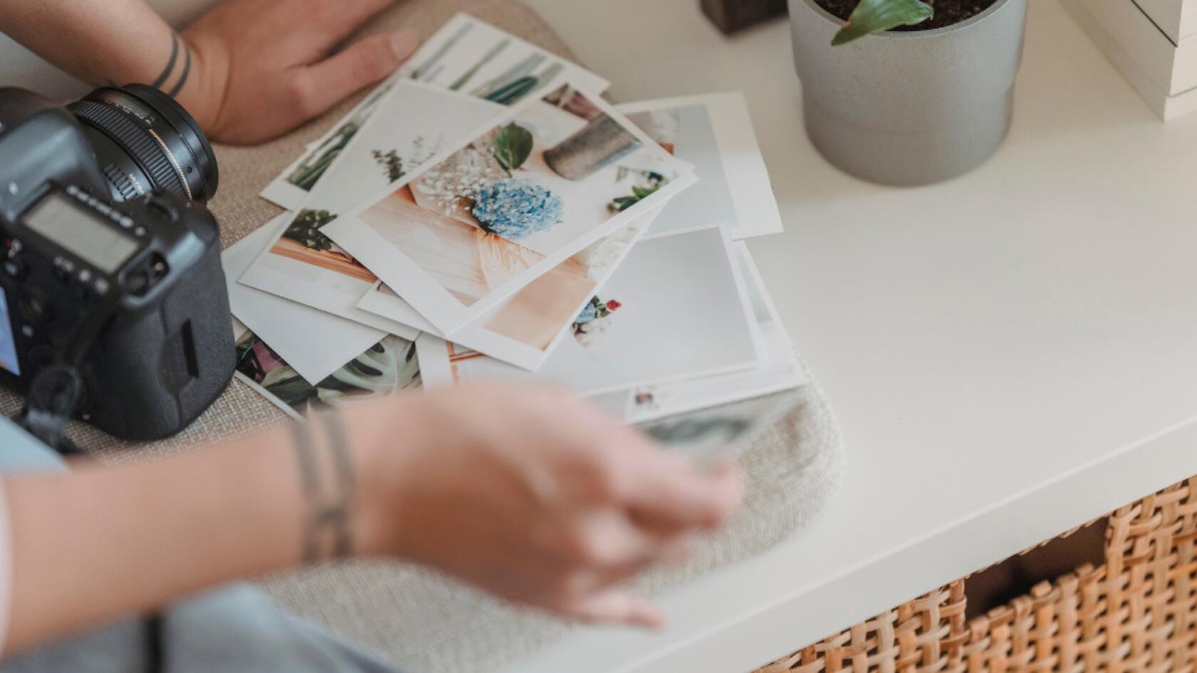 A person looking through a pile of photographes