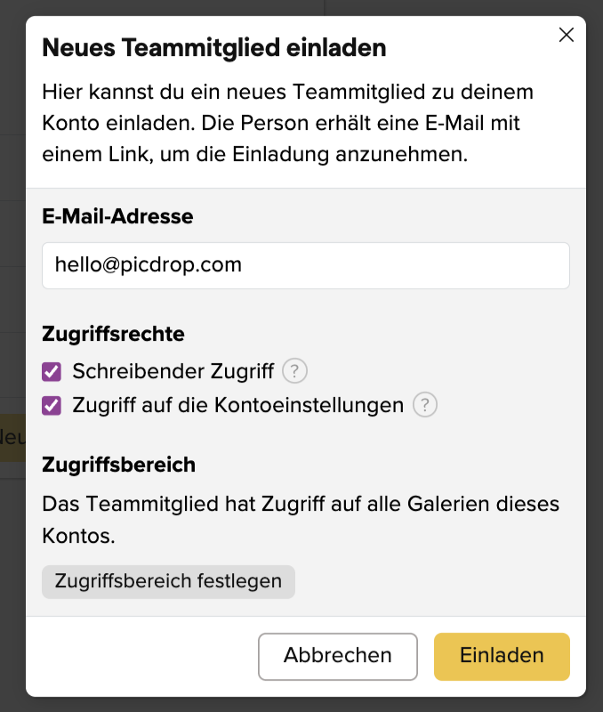 Screenshot Einladung Teammitglied, Rechte setzen