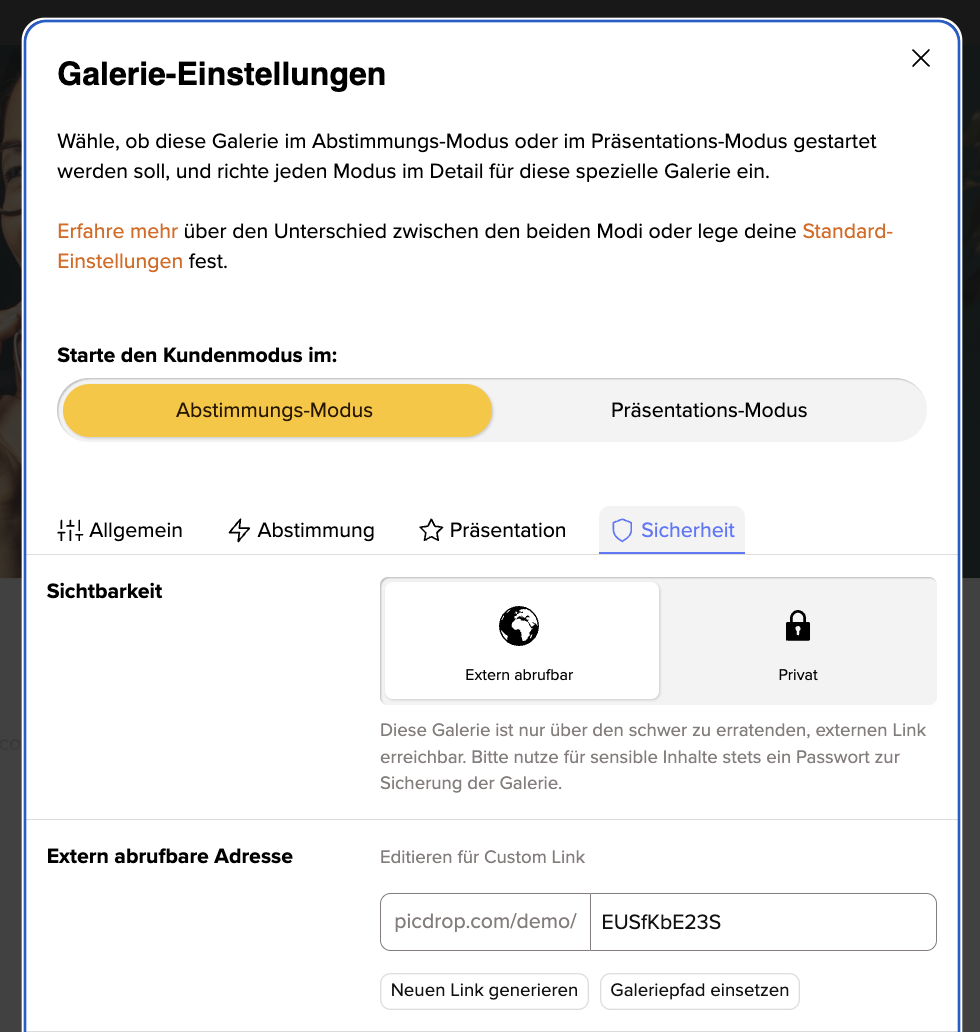 Galerie-Einstellungen Sicherheit Custom Links