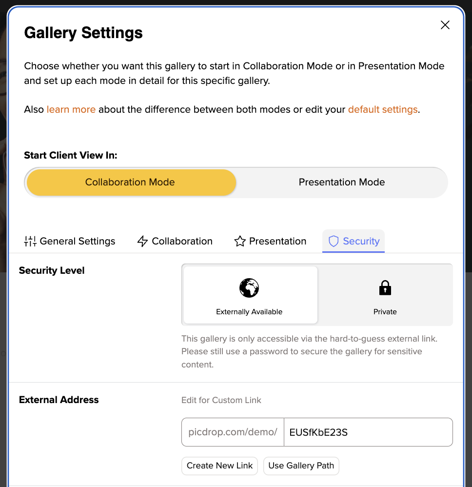 gallery settings custom link