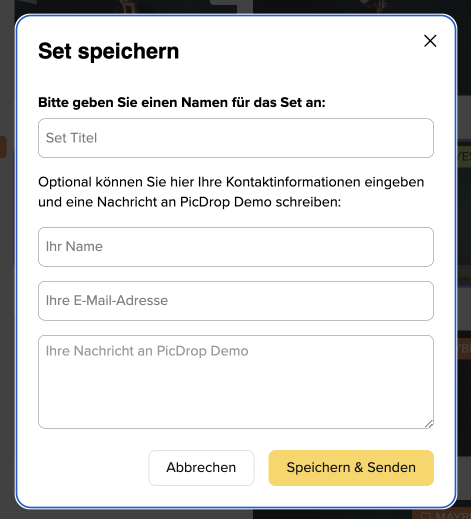 Auswahl in picdrop speichern und versenden 